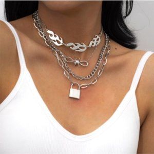 Y2K Barbed Wire & Flames Lock Necklace
